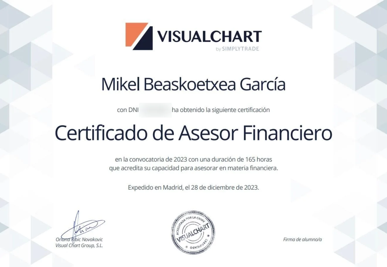 Certificado de Asesor Financiero de Mikel Beaskoetxea, expedido por Visual Chart Group