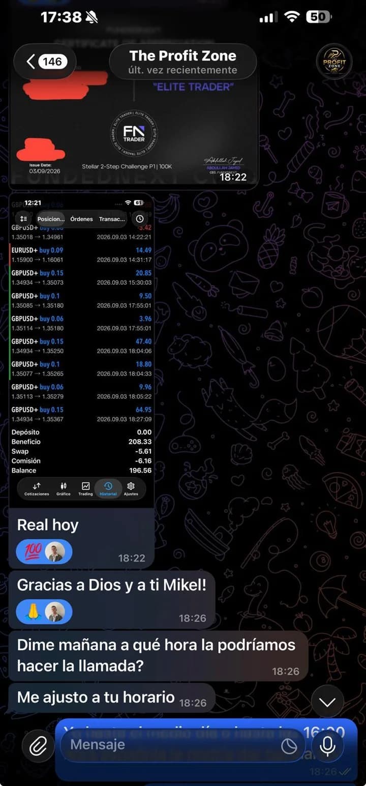 Captura de conversación con un alumno de MB Trading