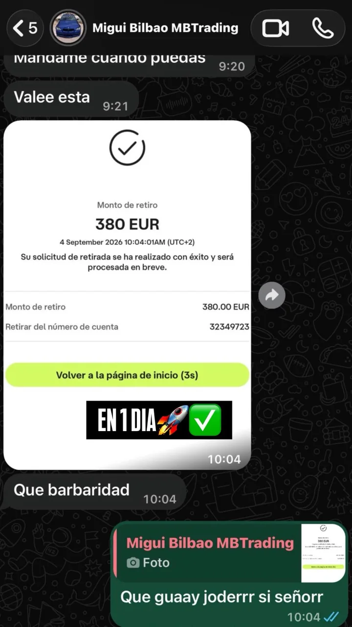 Captura de conversación con un alumno de MB Trading