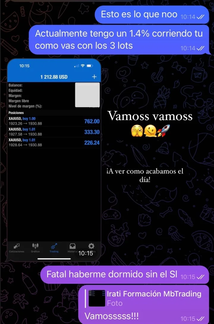 Captura de conversación con una alumna de MB Trading