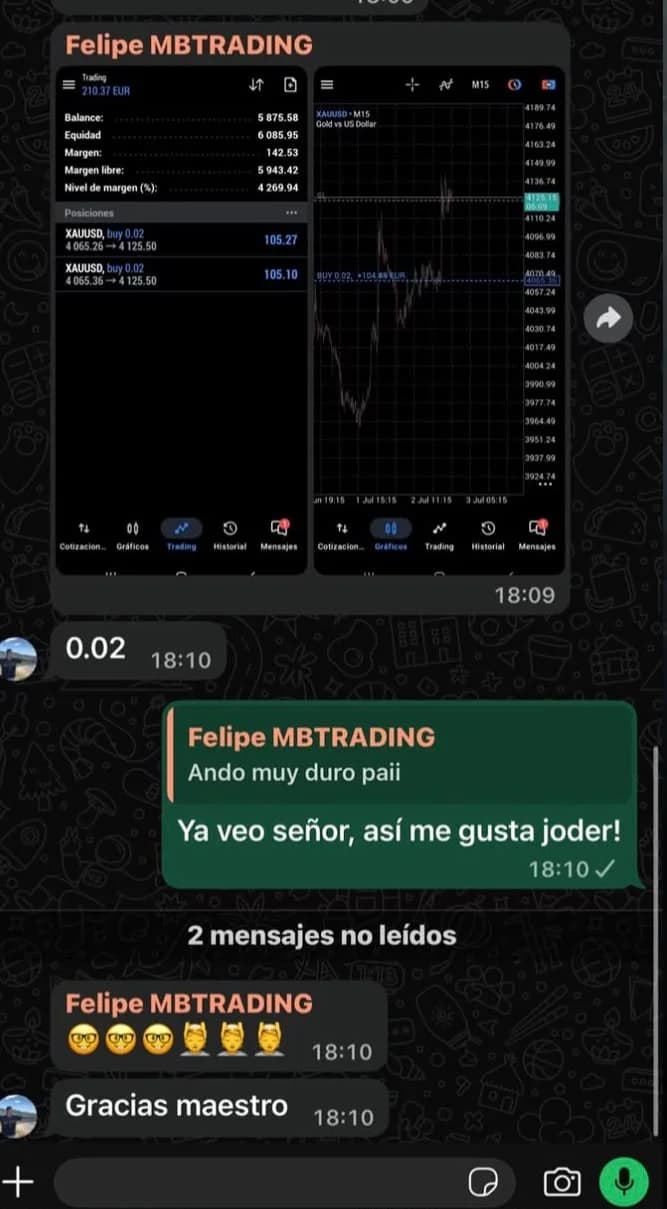 Captura de conversación con un alumno de MB Trading